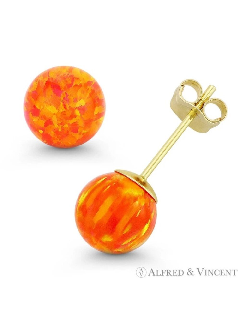 Fiery Orange & Red Lab Opal Ball Pushback Stud Earrings in 14k Yellow Gold
